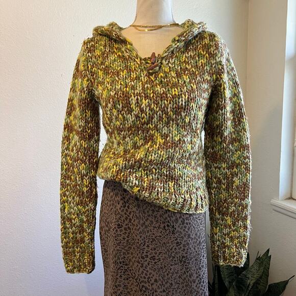 Y2K Green & Brown Woven Chunky Wool Blend Hooded Knit Sweater Size Small - Picture 1 of 13